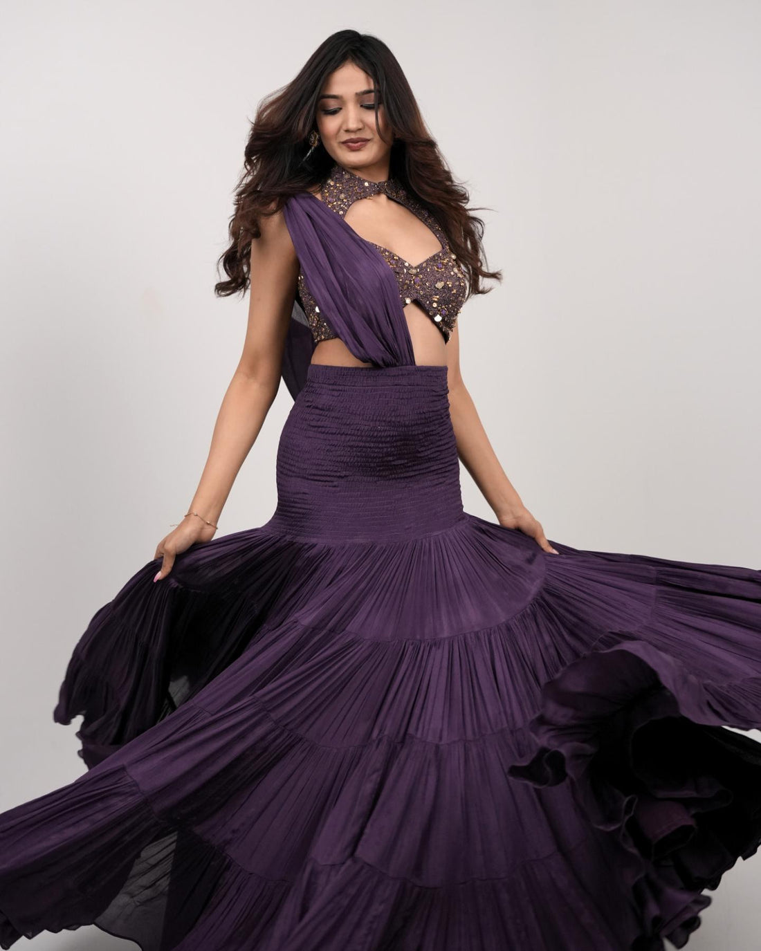 Grape wine pre-Draped Lehenga saree with Halter neck Blouse