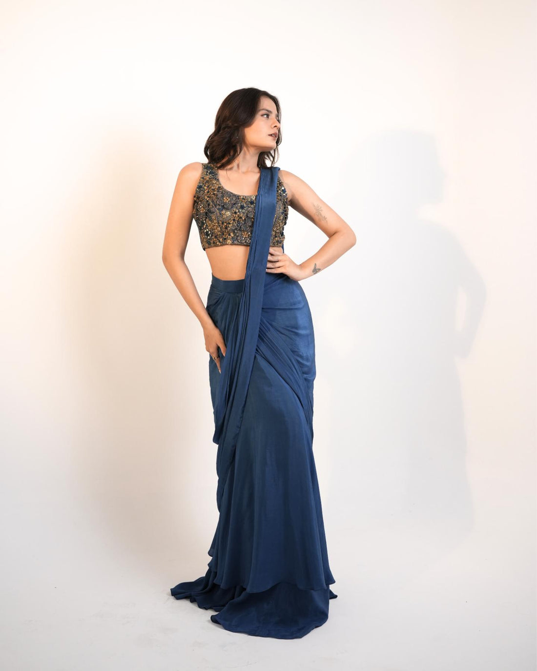 Midnight Blue Pre-Draped Saree Set with Heavily Hand-Embroidered Blouse