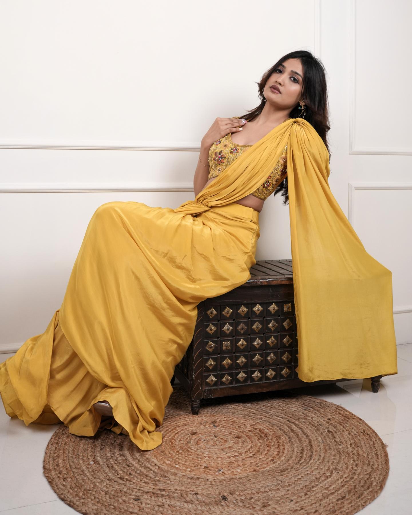The Mustard Stylishly Draped Saree in Natural Crape