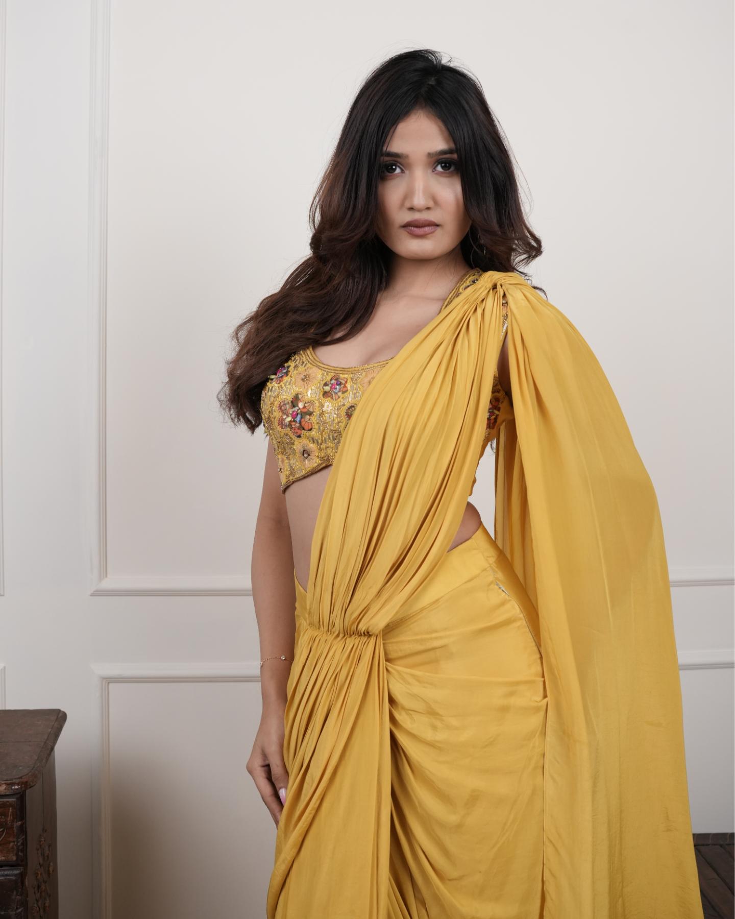 The Mustard Stylishly Draped Saree in Natural Crape