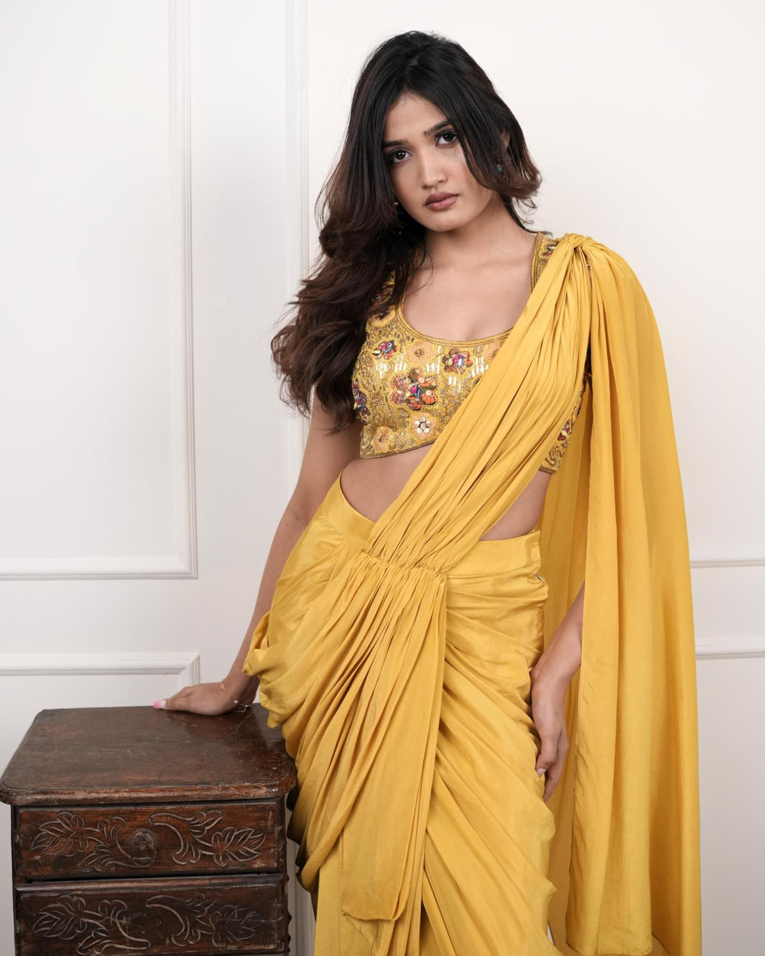 The Mustard Stylishly Draped Saree in Natural Crape