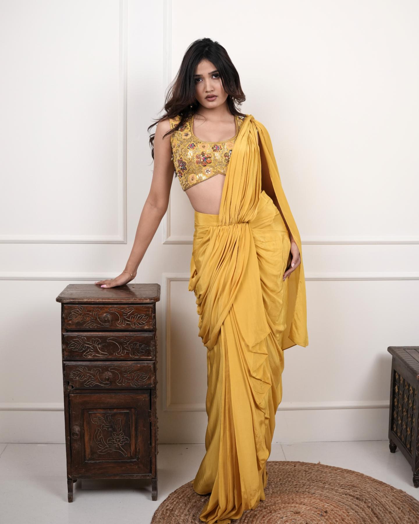 The Mustard Stylishly Draped Saree in Natural Crape