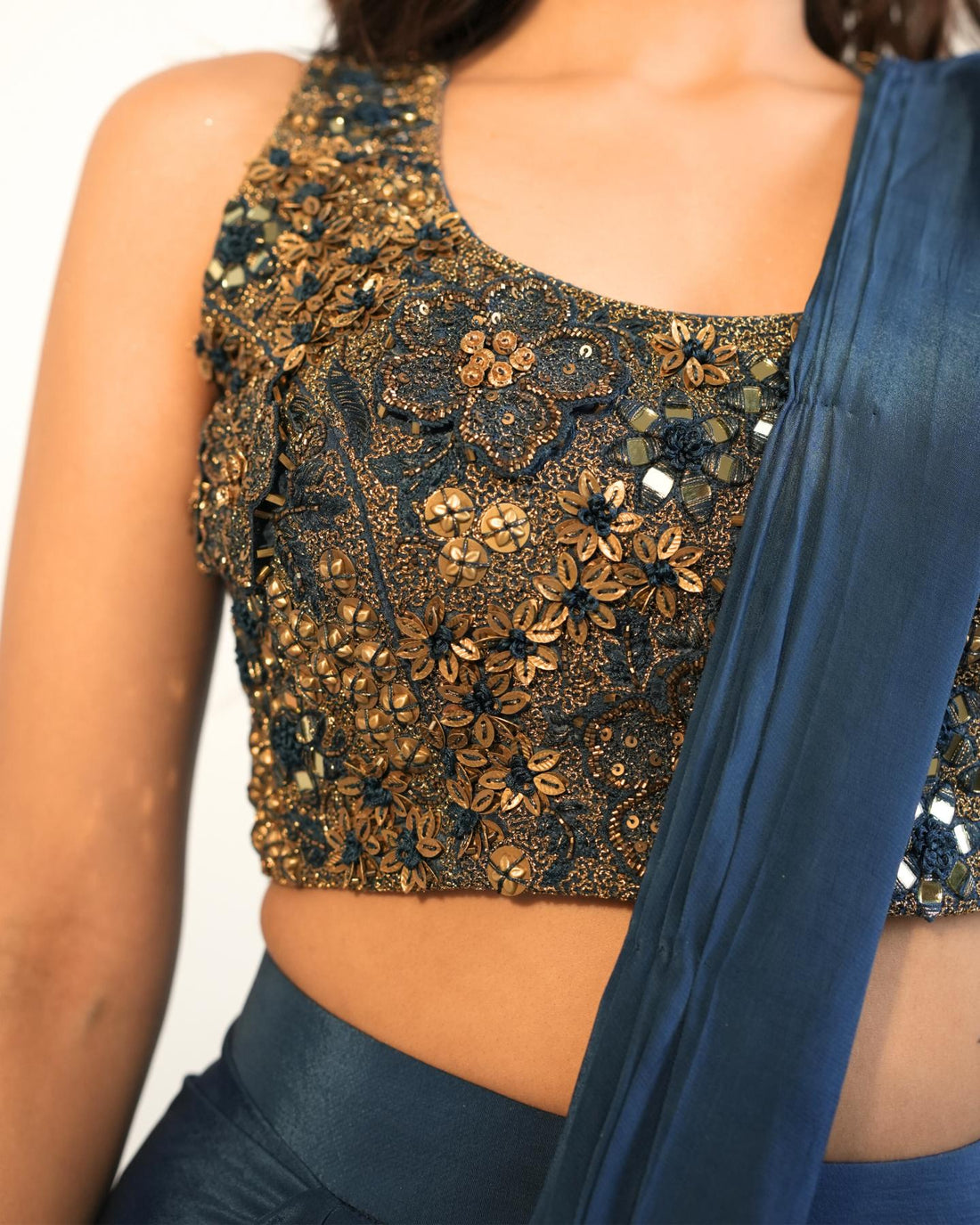 Midnight Blue Pre-Draped Saree Set with Heavily Hand-Embroidered Blouse
