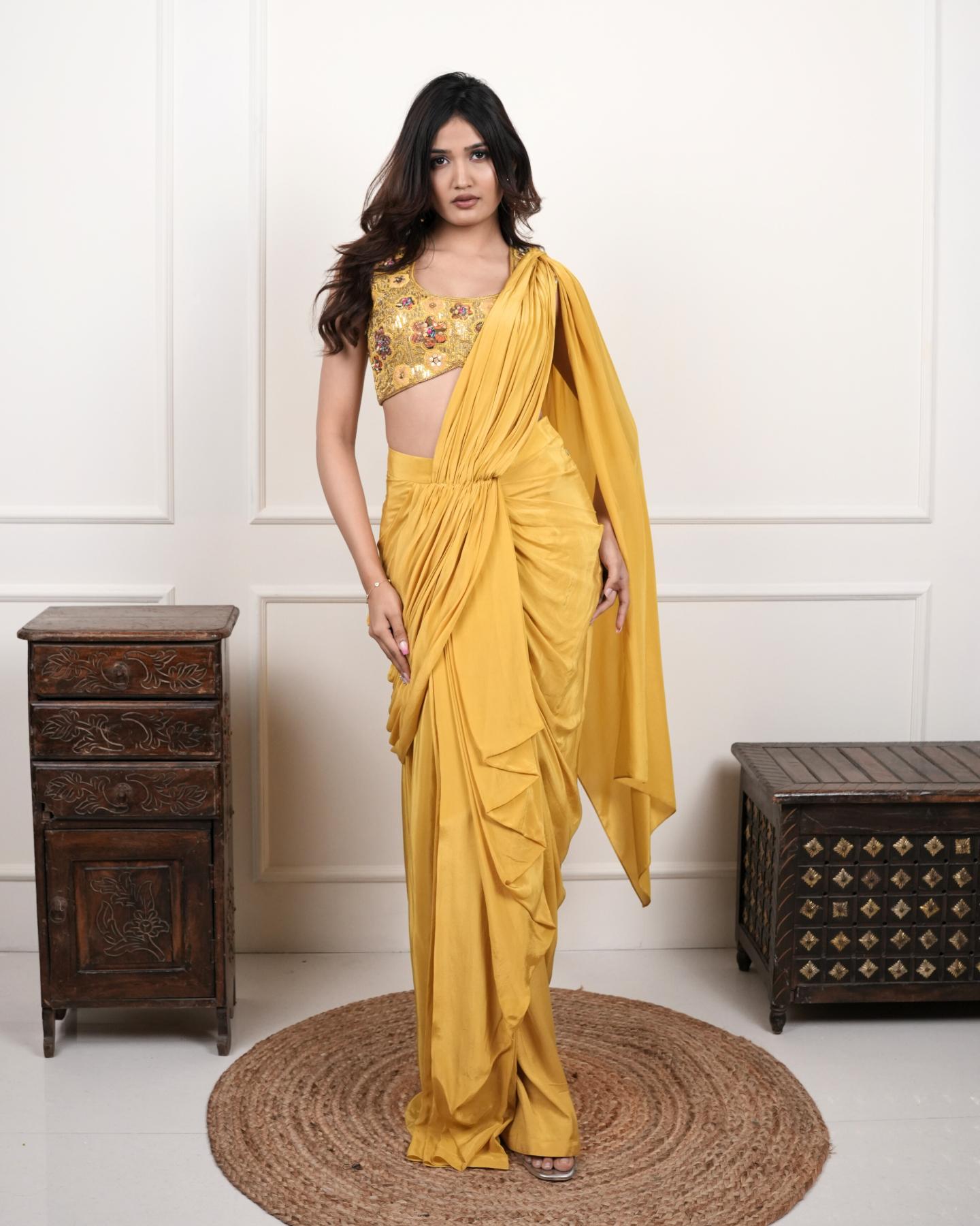 The Mustard Stylishly Draped Saree in Natural Crape