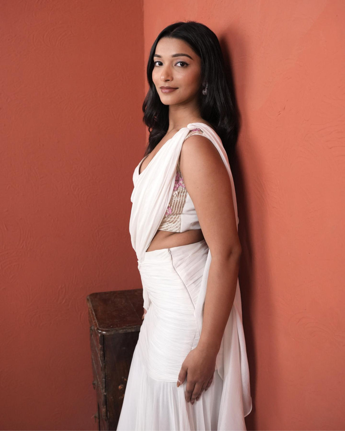 White Chinon Silk Pre-Stitched Saree with Intricate Hand-Embroidery