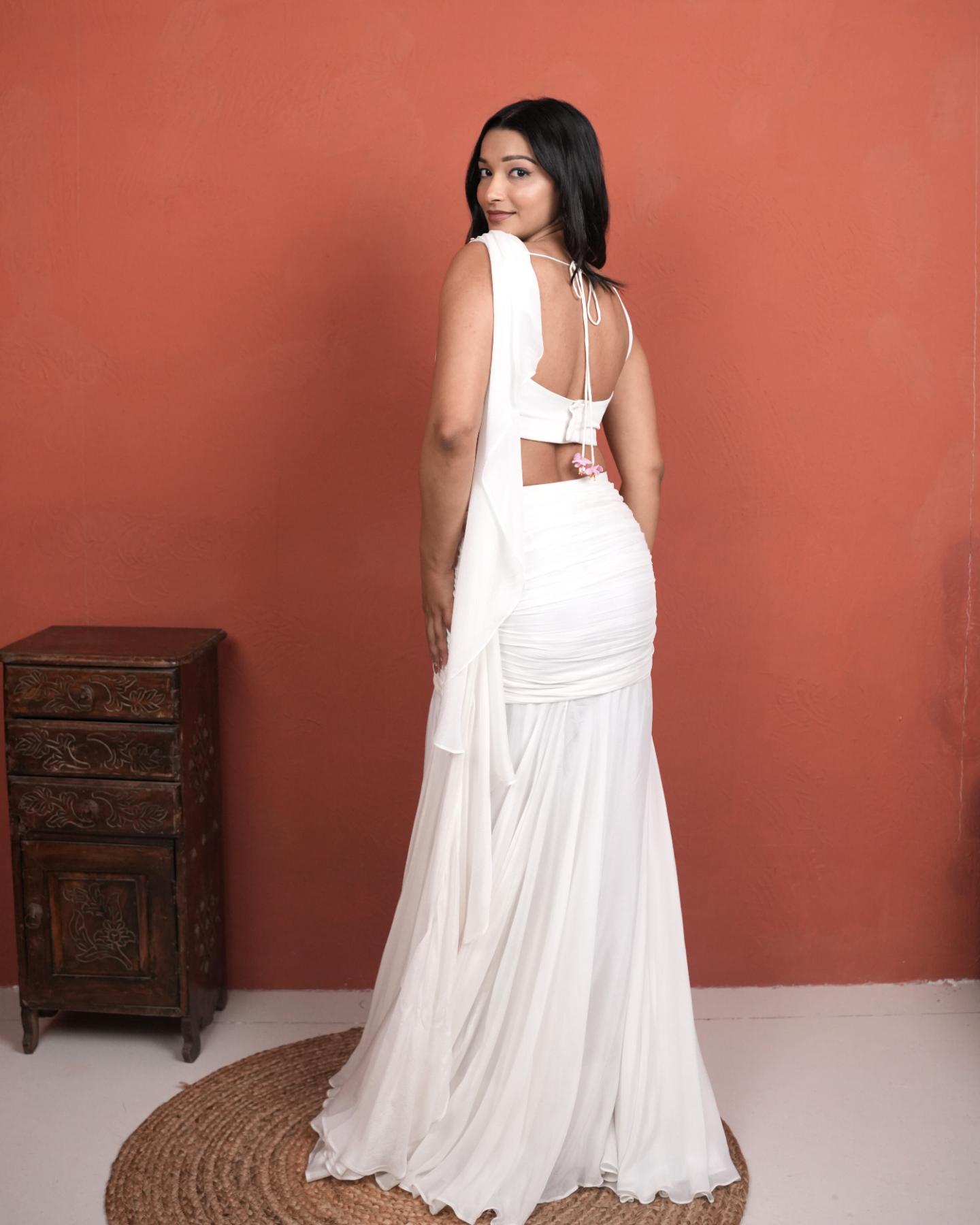 White Chinon Silk Pre-Stitched Saree with Intricate Hand-Embroidery