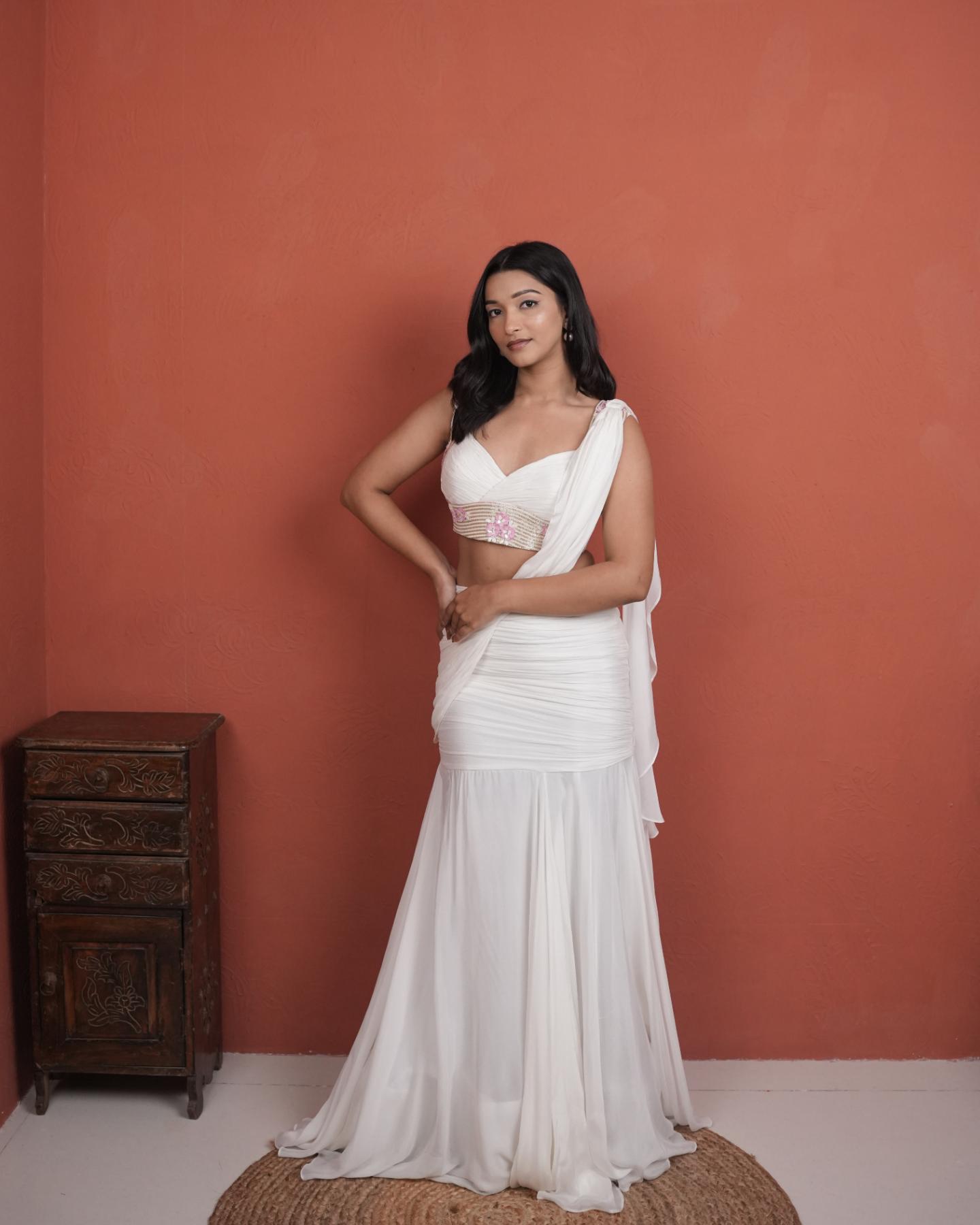 White Chinon Silk Pre-Stitched Saree with Intricate Hand-Embroidery