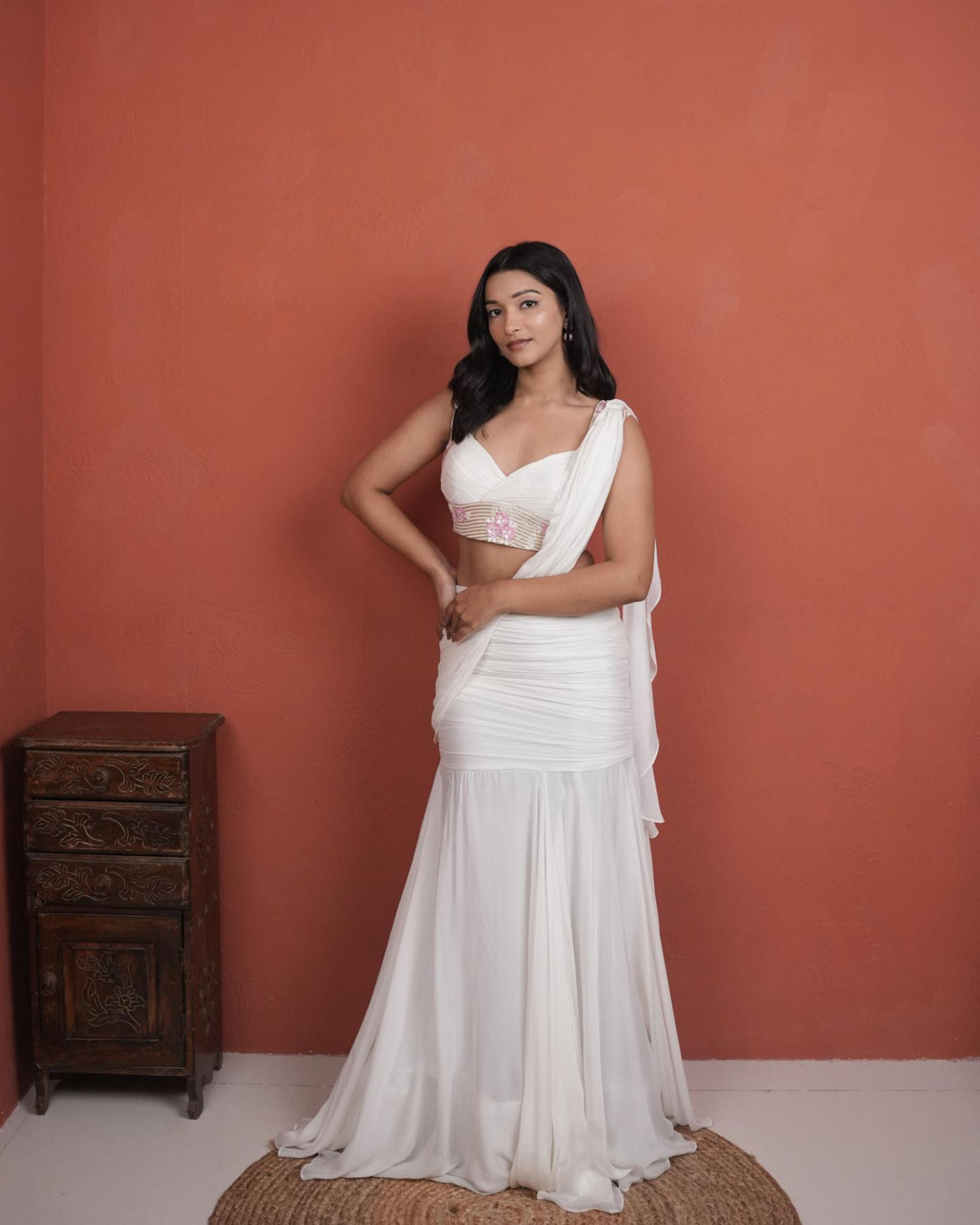 White Chinon Silk Pre-Stitched Saree with Intricate Hand-Embroidery