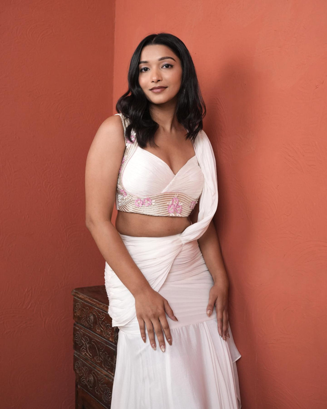 White Chinon Silk Pre-Stitched Saree with Intricate Hand-Embroidery
