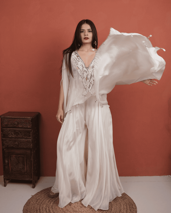 Moonlight pearl hand-embroidered kaftan with wide leg Plazzo