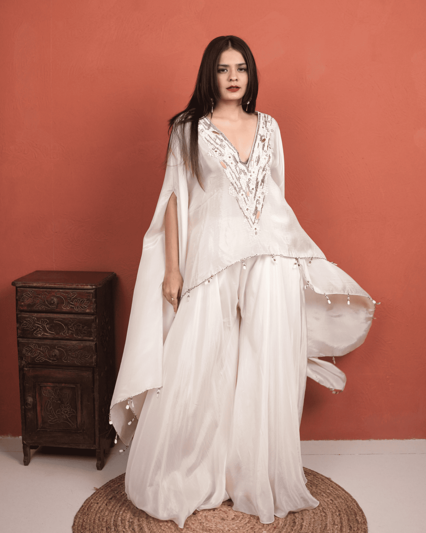 Moonlight pearl hand-embroidered kaftan with wide leg Plazzo