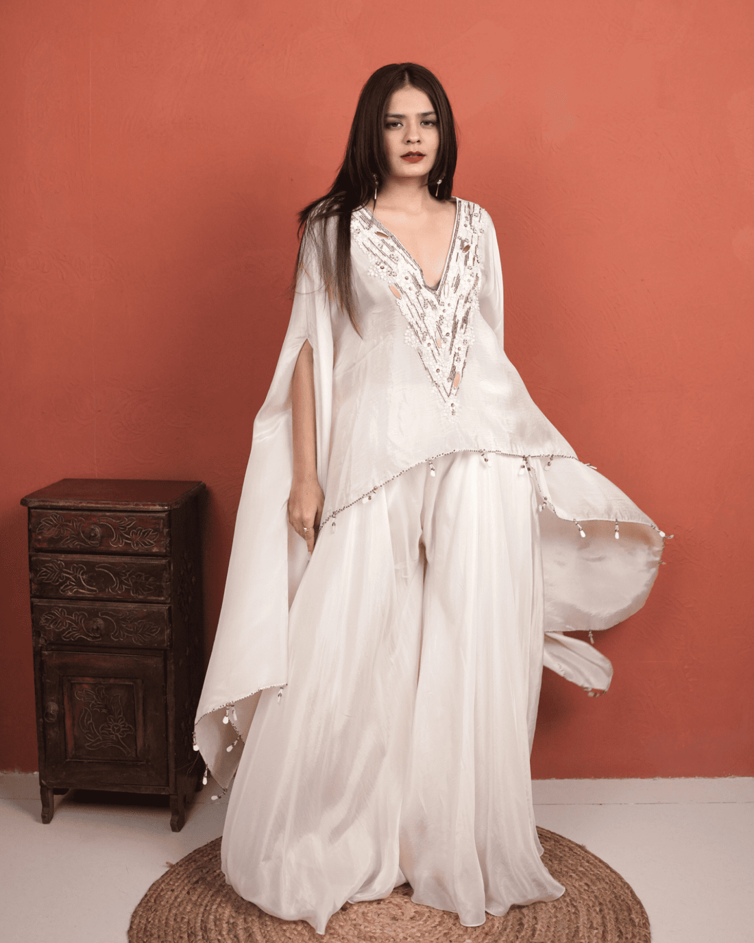 Moonlight pearl hand-embroidered kaftan with wide leg Plazzo