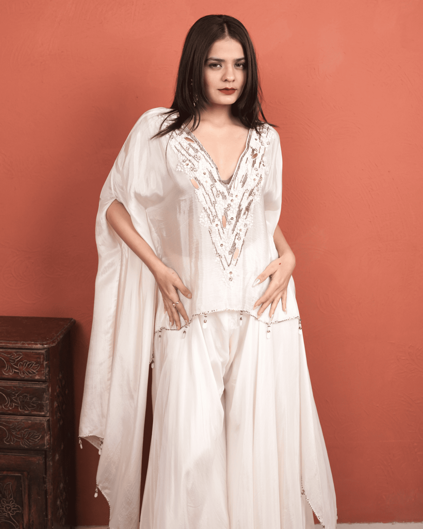 Moonlight pearl hand-embroidered kaftan with wide leg Plazzo