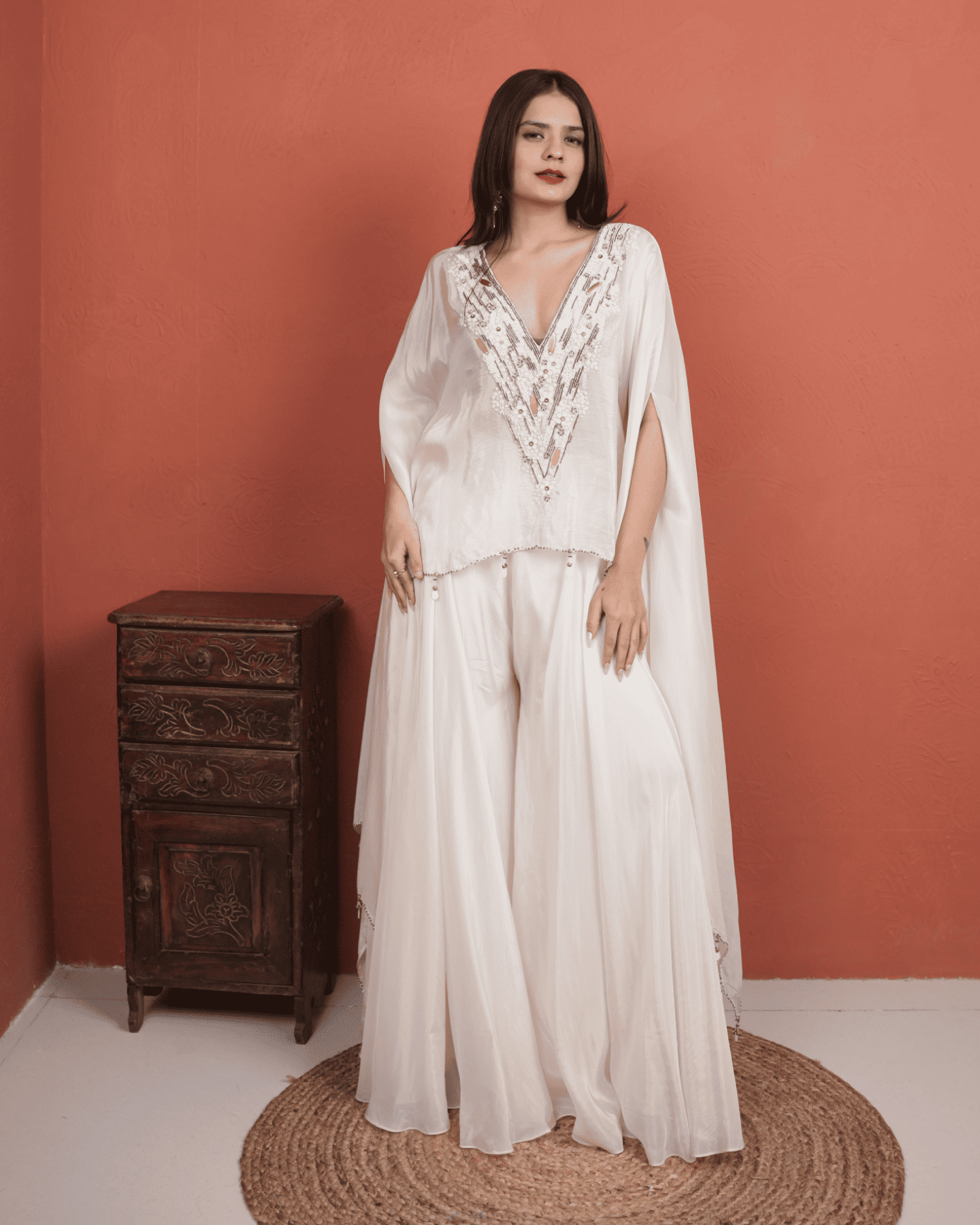 Moonlight pearl hand-embroidered kaftan with wide leg Plazzo
