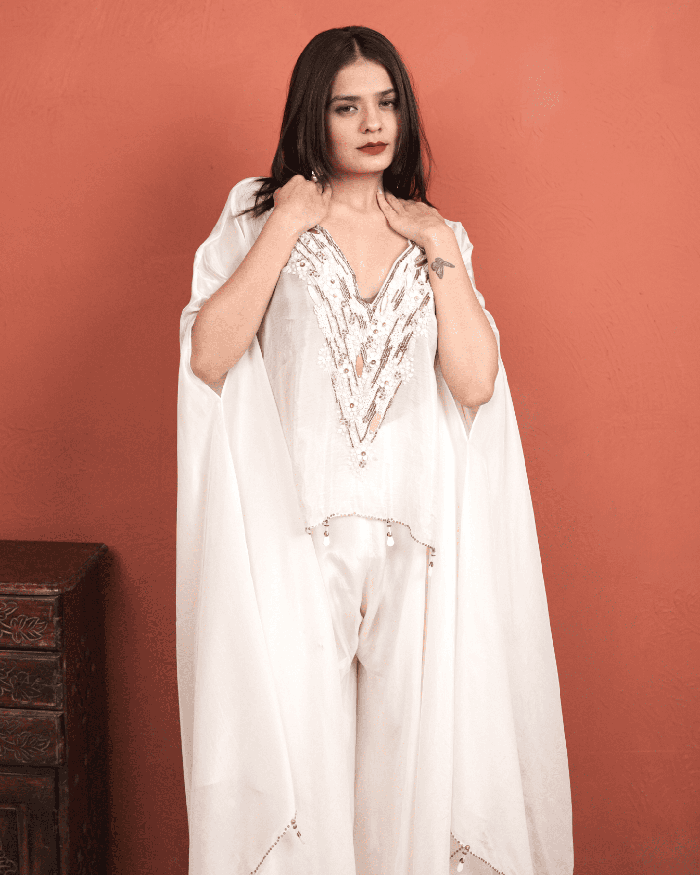 Moonlight pearl hand-embroidered kaftan with wide leg Plazzo