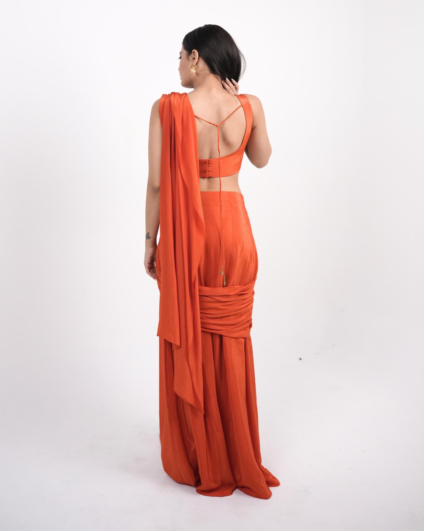 Bright Orange hand embroidered pre-draped saree