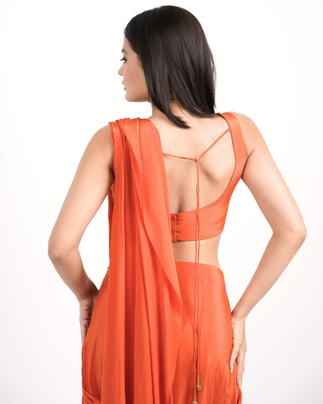 Bright Orange hand embroidered pre-draped saree