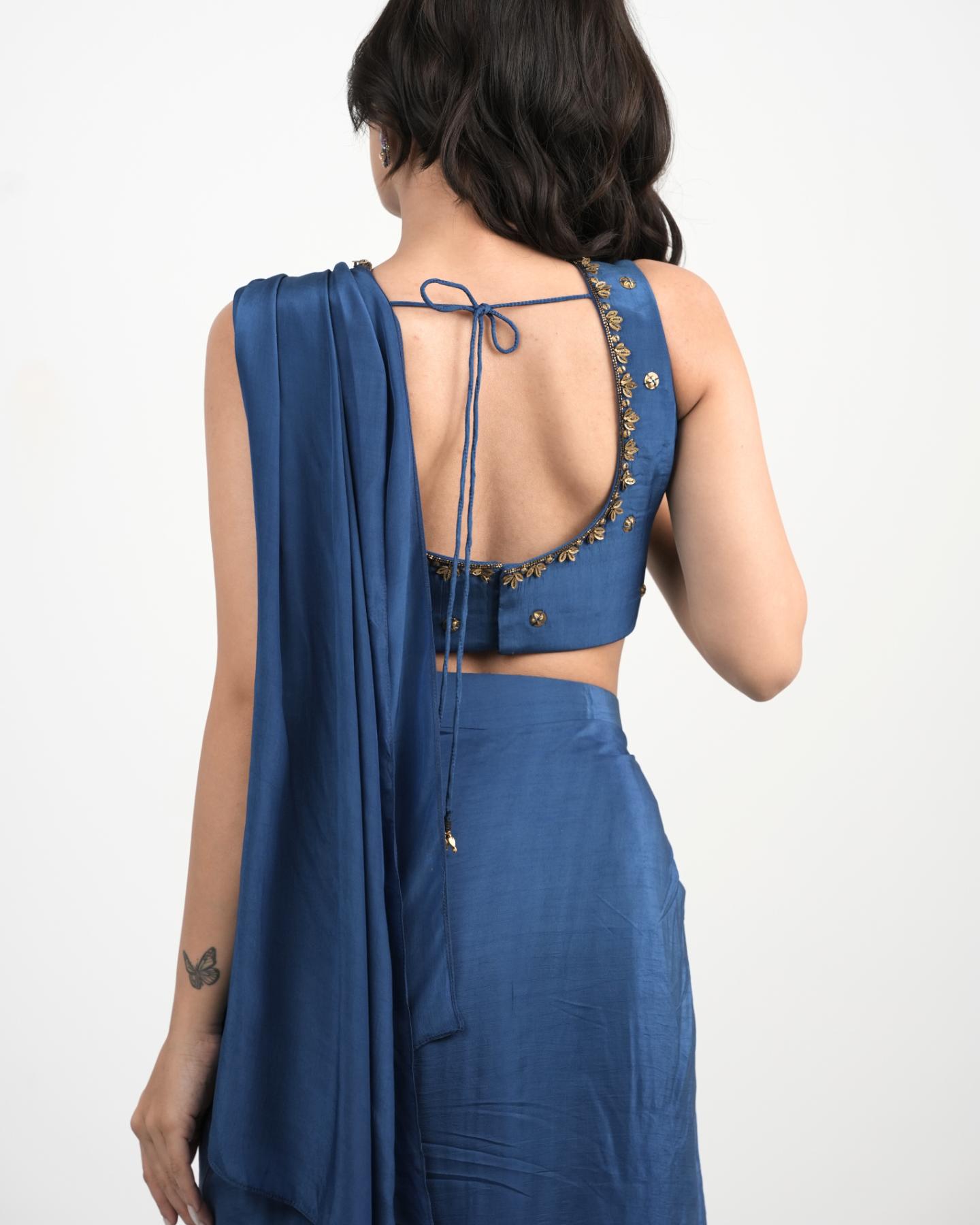 Midnight Blue Pre-Draped Saree Set with Heavily Hand-Embroidered Blouse