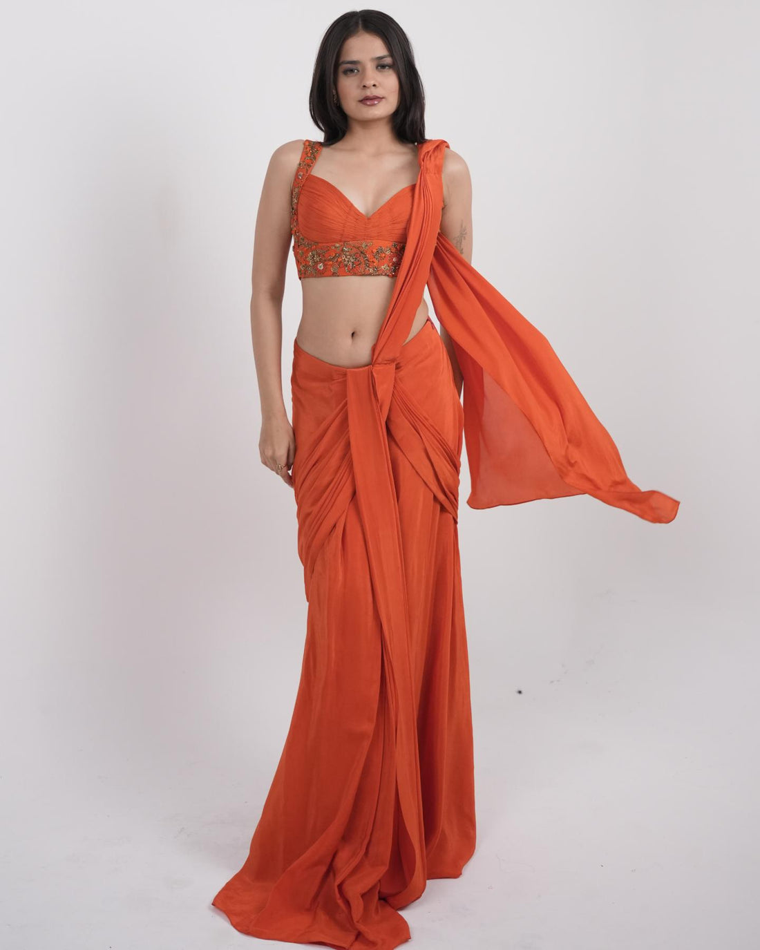 Bright Orange hand embroidered pre-draped saree