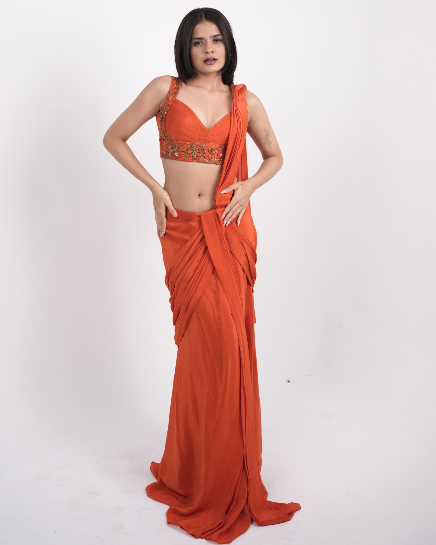 Bright Orange hand embroidered pre-draped saree