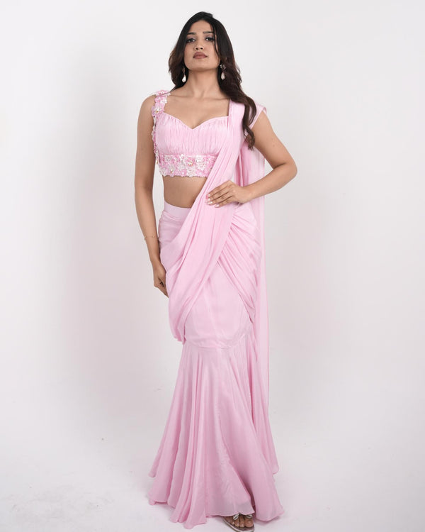 The Blossom Pink Floral Pre-Draped Saree Dress in Natural Crepe