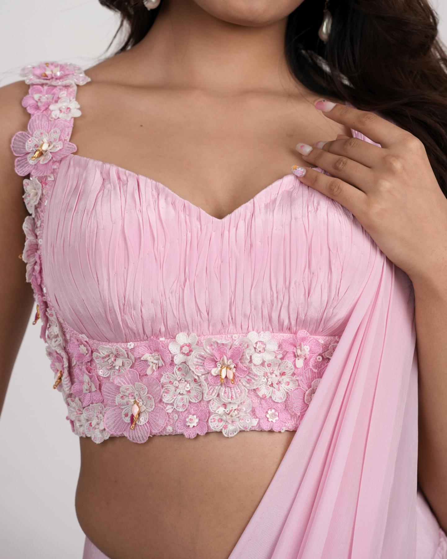 The Blossom Pink Floral Pre-Draped Saree Dress in Natural Crepe