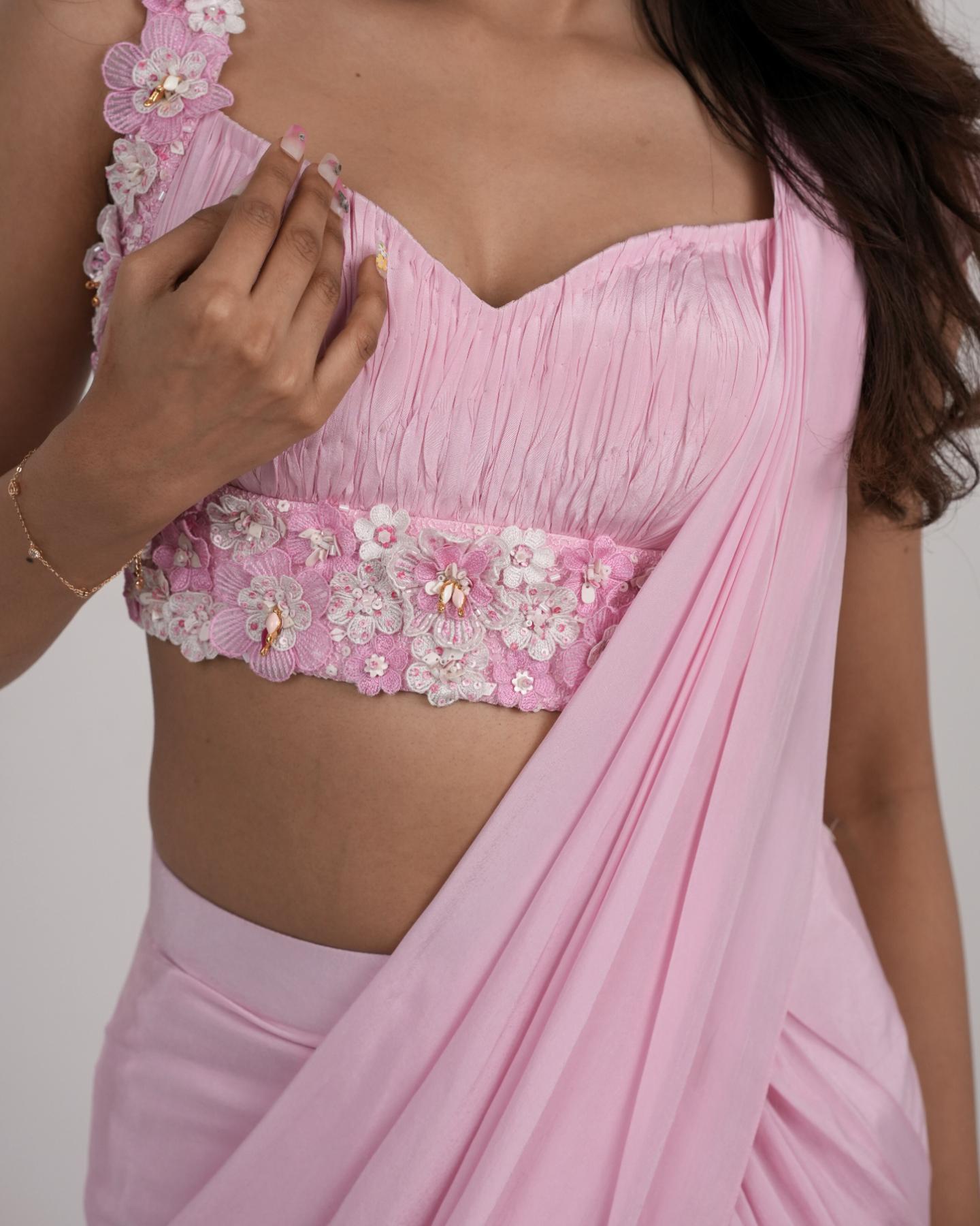 The Blossom Pink Floral Pre-Draped Saree Dress in Natural Crepe