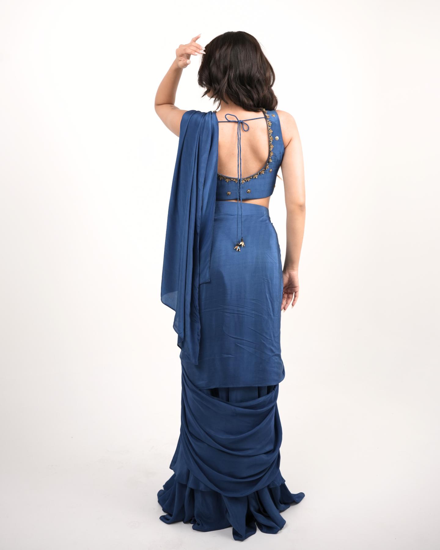 Midnight Blue Pre-Draped Saree Set with Heavily Hand-Embroidered Blouse