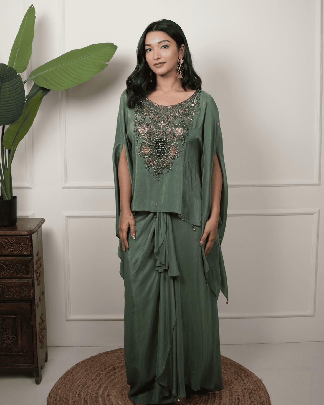 Dark green hand embroidered kaftan with drape skirt