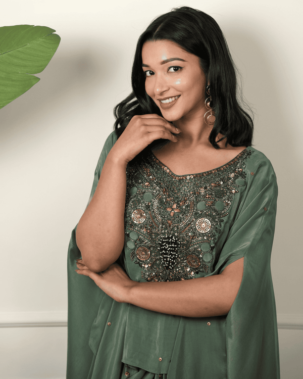 Dark green hand embroidered kaftan with drape skirt