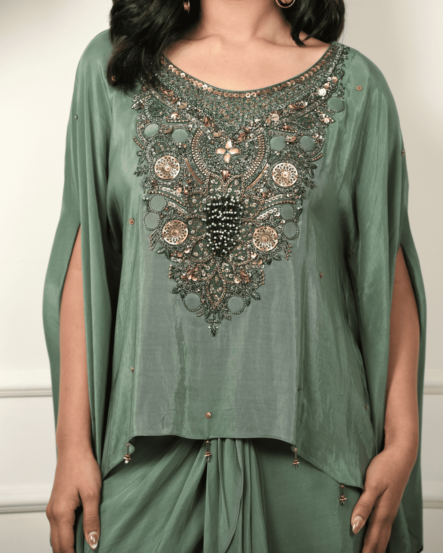 Dark green hand embroidered kaftan with drape skirt