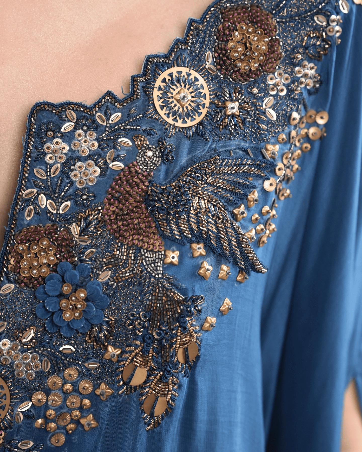 Imperial Blue Hand Embroidered Kaftan with draped skirt