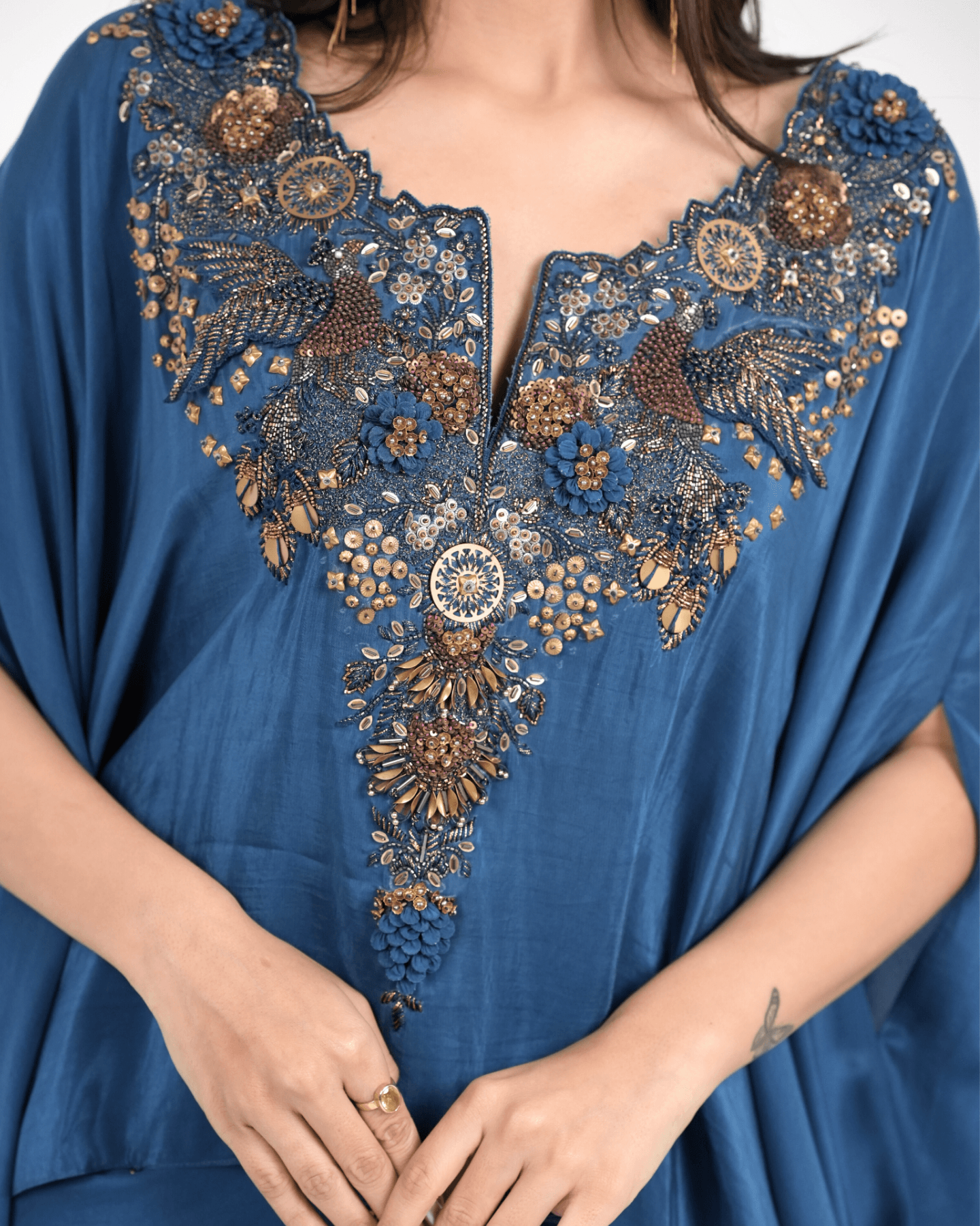 Imperial Blue Hand Embroidered Kaftan with draped skirt