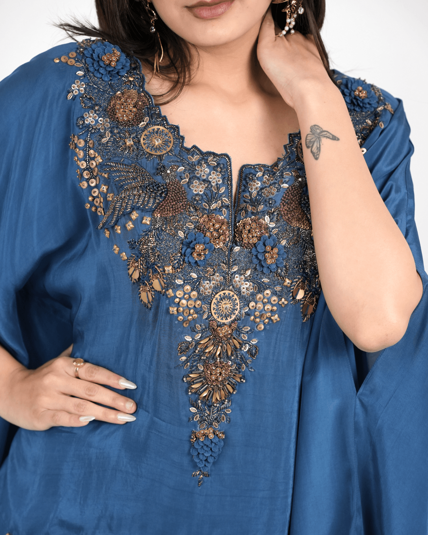 Imperial Blue Hand Embroidered Kaftan with draped skirt