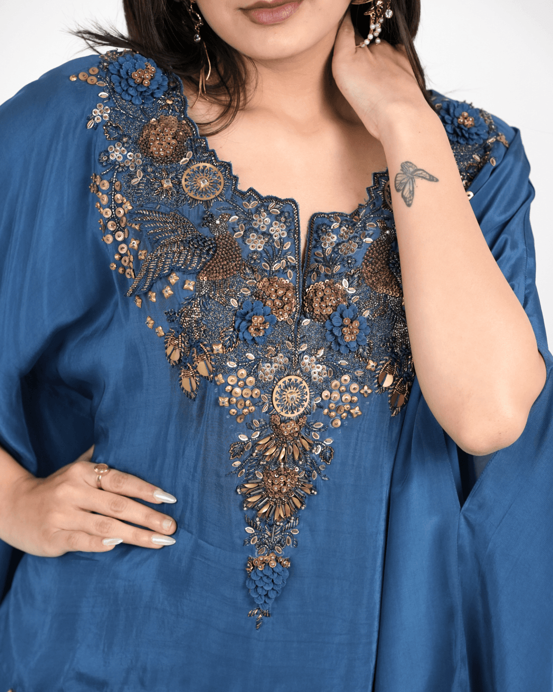 Imperial Blue Hand Embroidered Kaftan with draped skirt