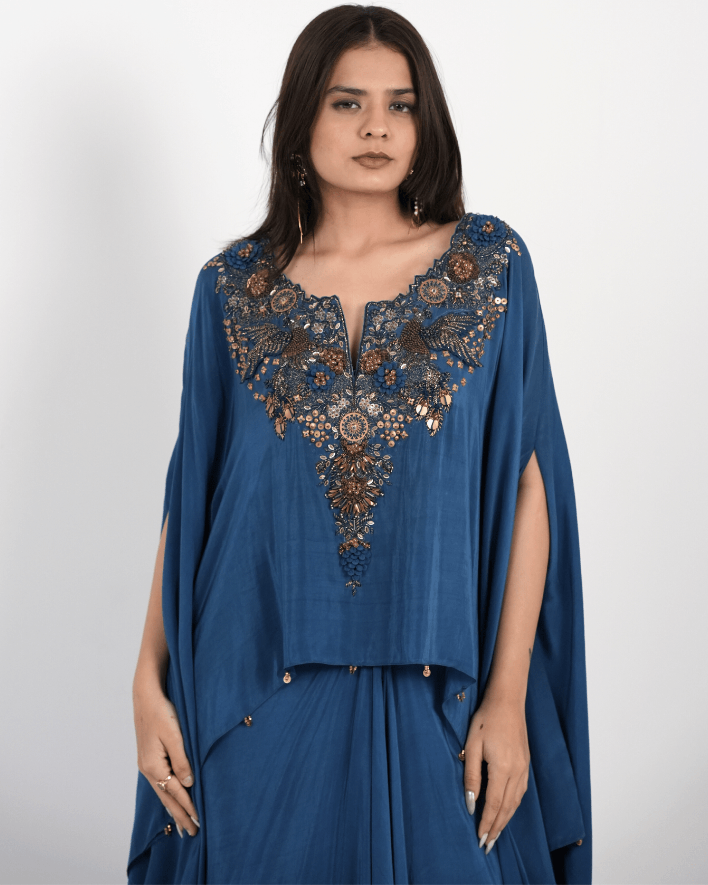Imperial Blue Hand Embroidered Kaftan with draped skirt