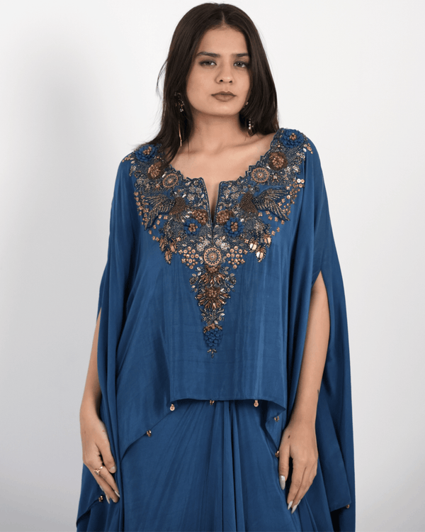 Imperial Blue Hand Embroidered Kaftan with draped skirt