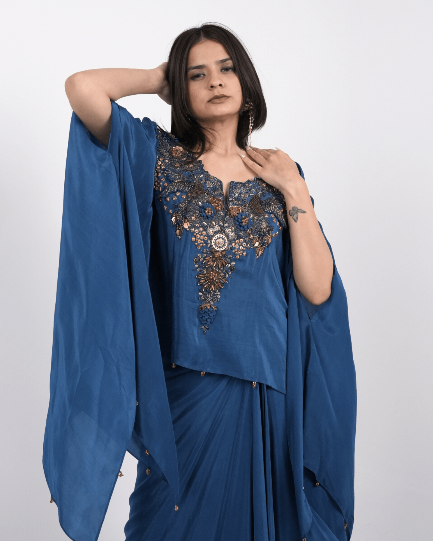 Imperial Blue Hand Embroidered Kaftan with draped skirt