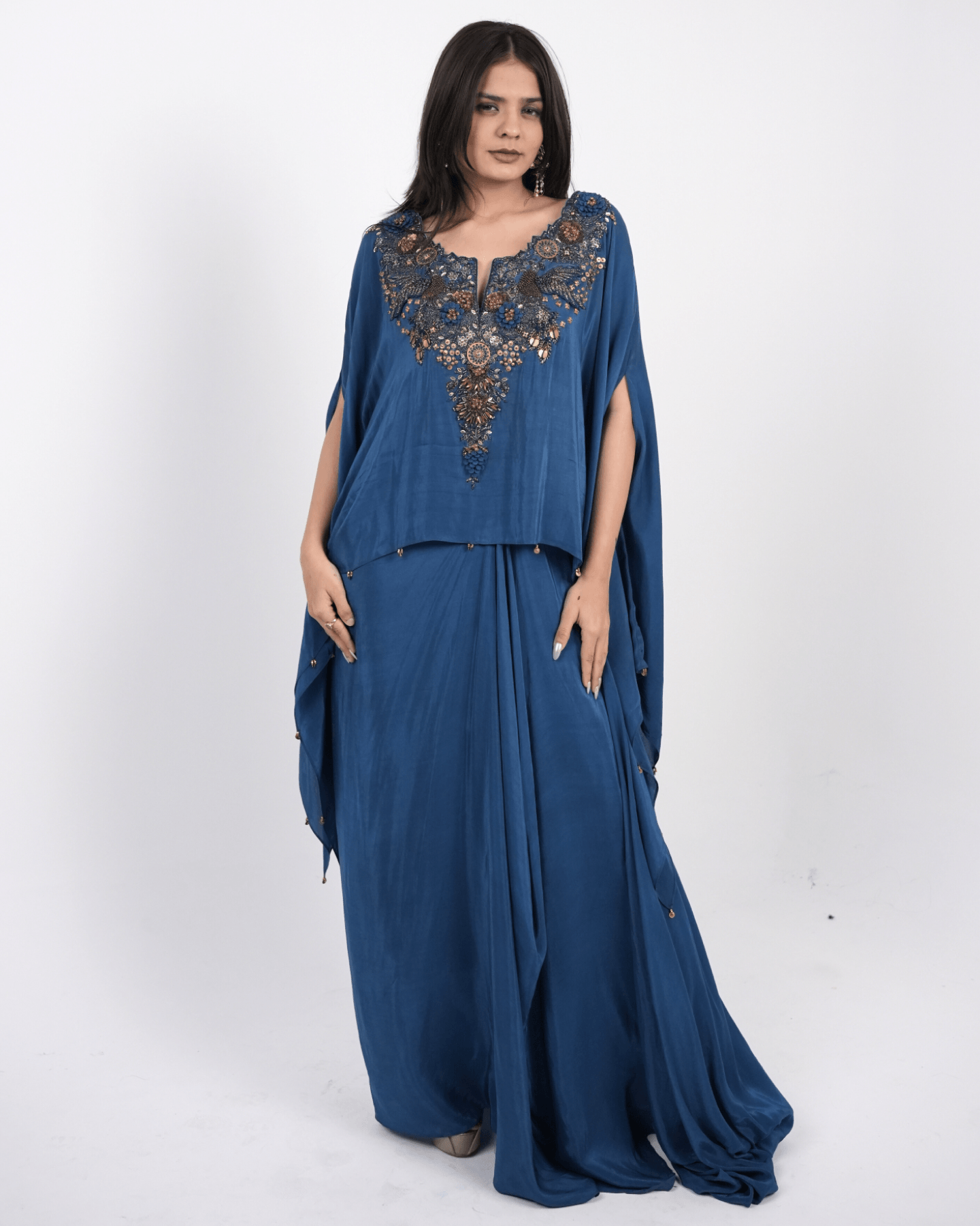 Imperial Blue Hand Embroidered Kaftan with draped skirt