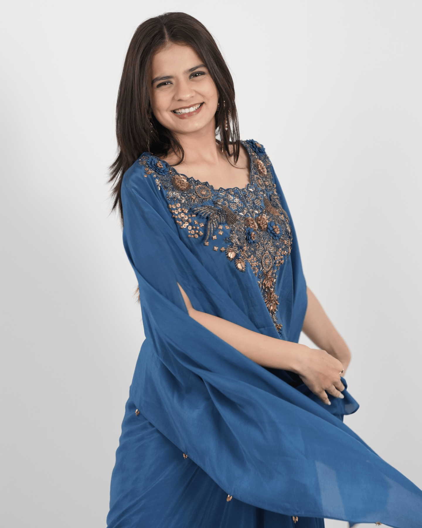 Imperial Blue Hand Embroidered Kaftan with draped skirt
