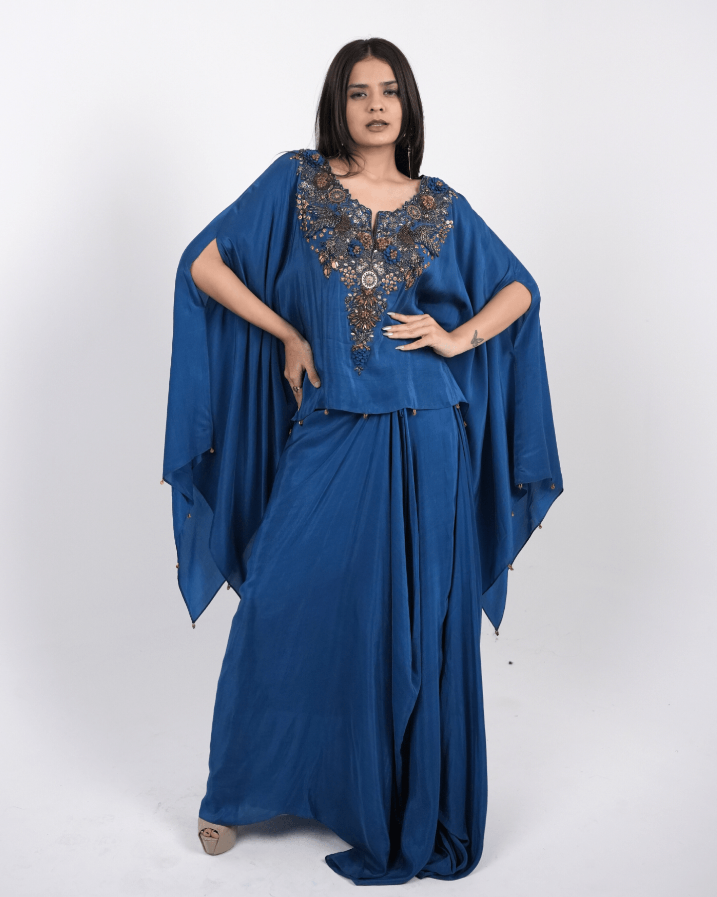 Imperial Blue Hand Embroidered Kaftan with draped skirt