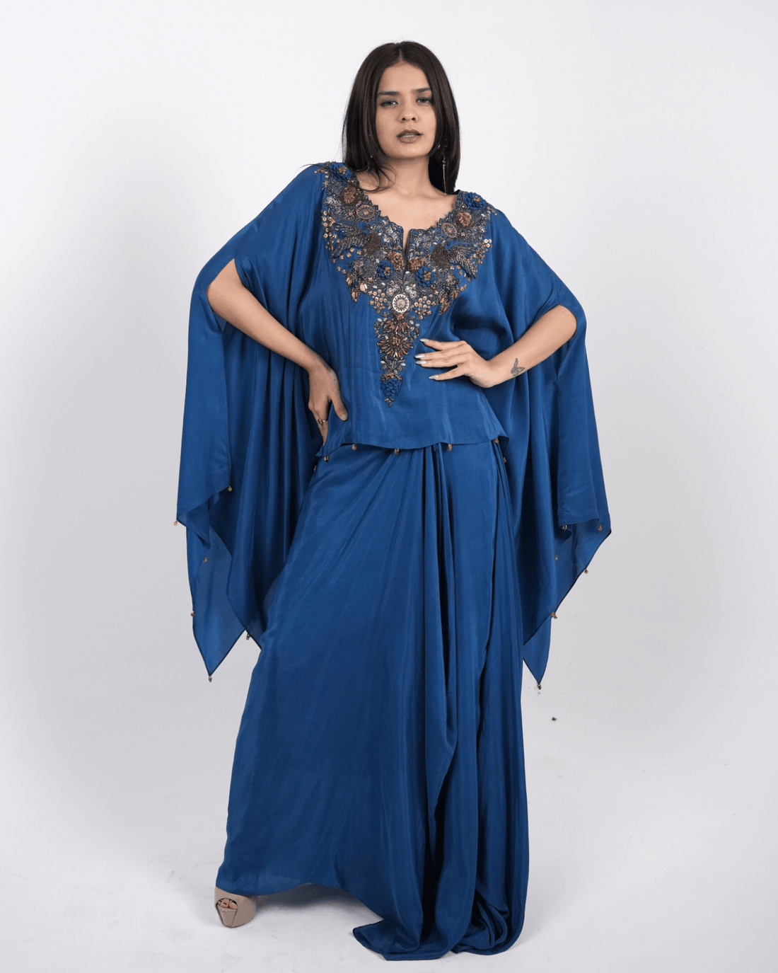 Imperial Blue Hand Embroidered Kaftan with draped skirt