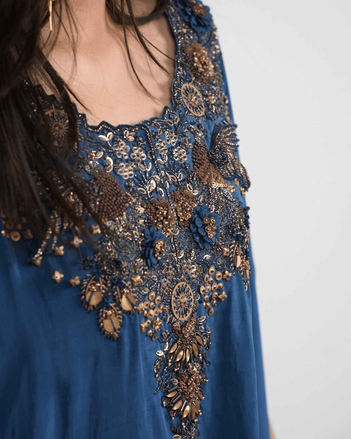 Imperial Blue Hand Embroidered Kaftan with draped skirt