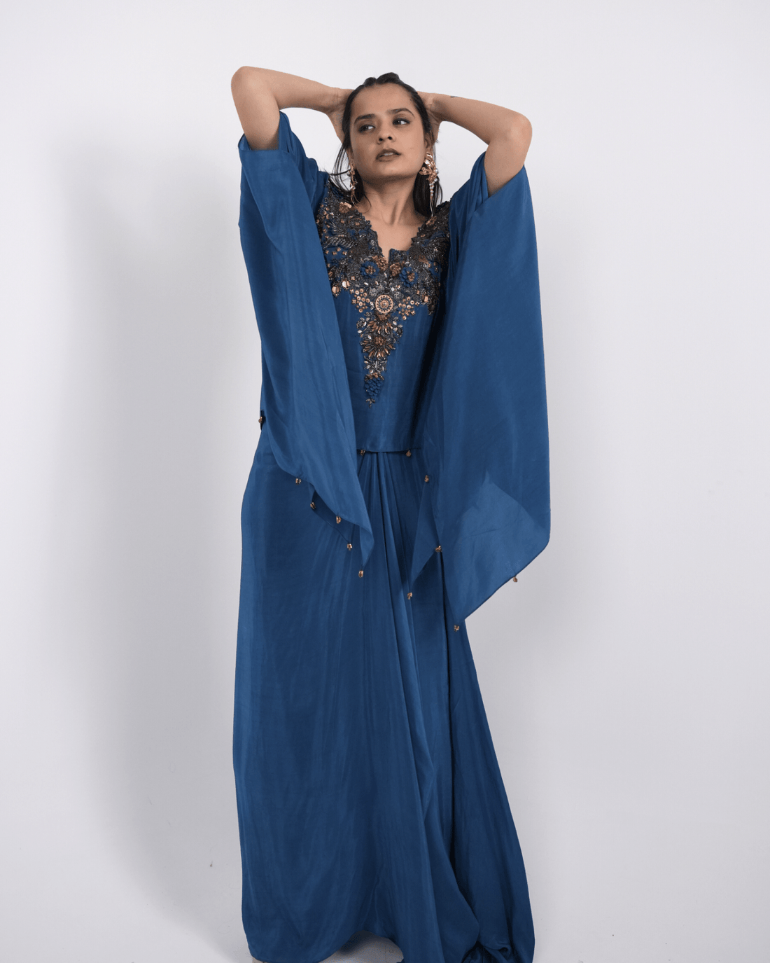 Imperial Blue Hand Embroidered Kaftan with draped skirt