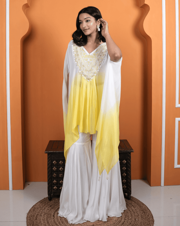 Sun kissed Ombre Kaftan with Hand-Embroidered Neckline and Sharara Set
