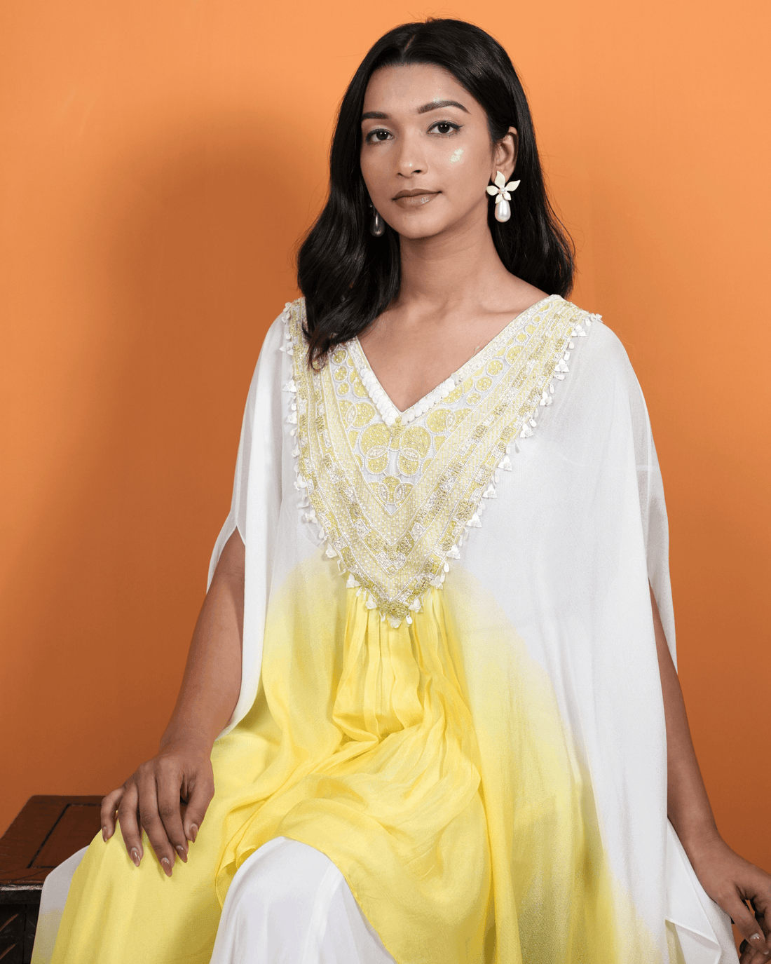 Sun kissed Ombre Kaftan with Hand-Embroidered Neckline and Sharara Set