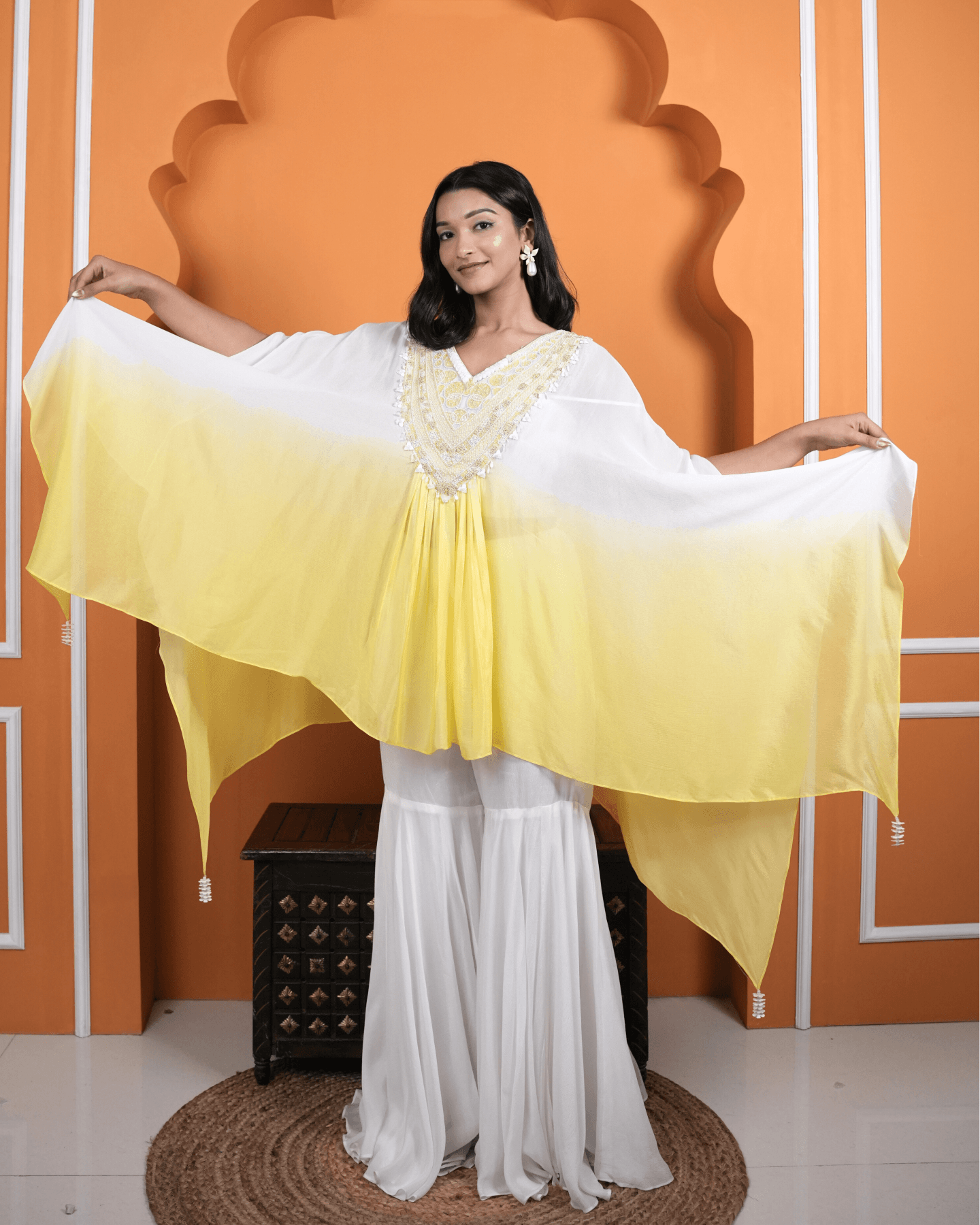 Sun kissed Ombre Kaftan with Hand-Embroidered Neckline and Sharara Set