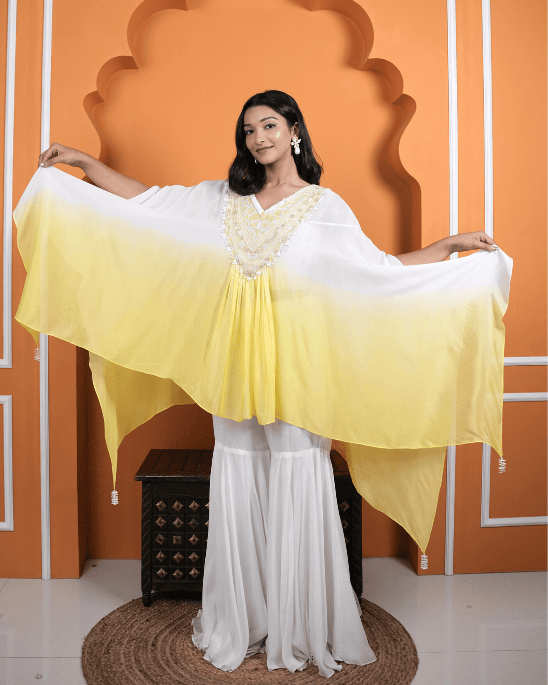 Sun kissed Ombre Kaftan with Hand-Embroidered Neckline and Sharara Set