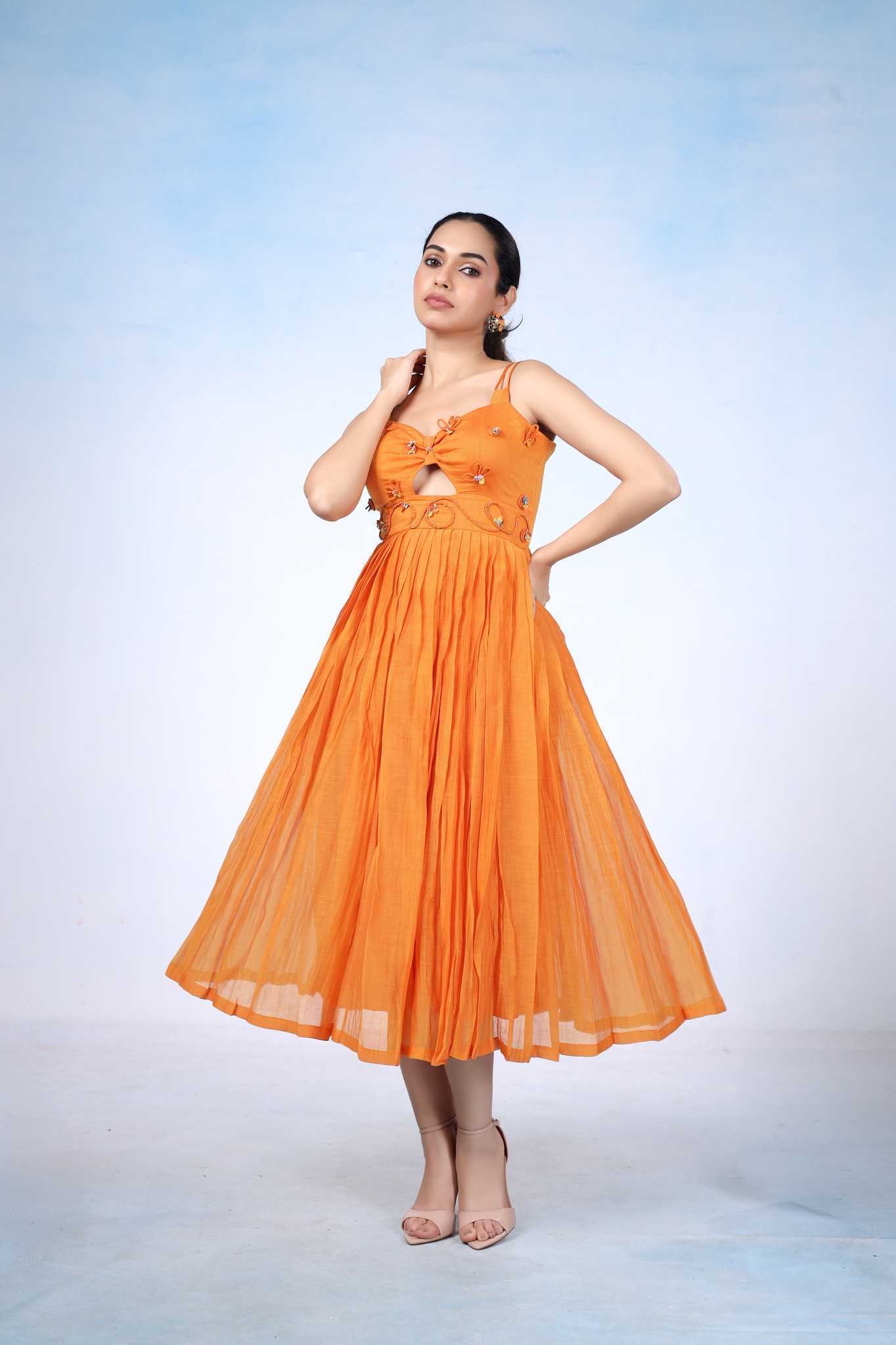 Sunset Orange Pleated Midi Dress