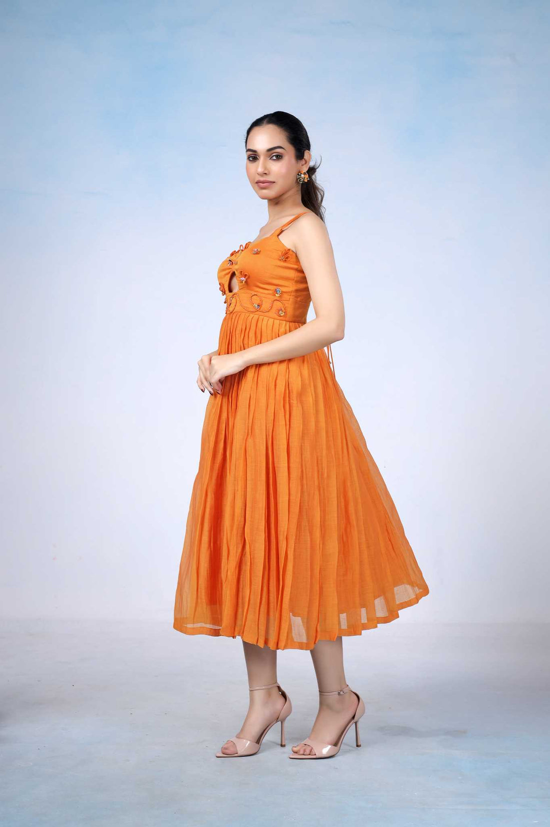 Sunset Orange Pleated Midi Dress